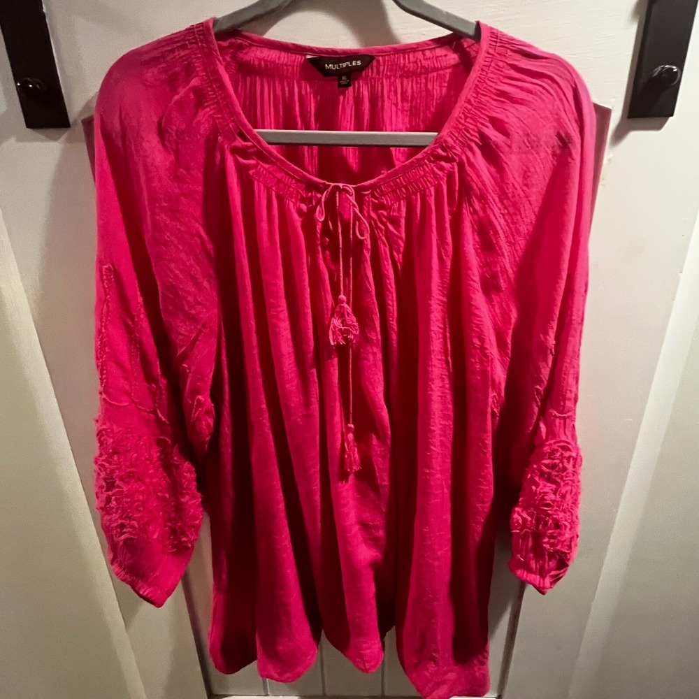 Multiples Pink Blouse Elastic WRIST Sz XL Polyester Drawstring NECKLINE
